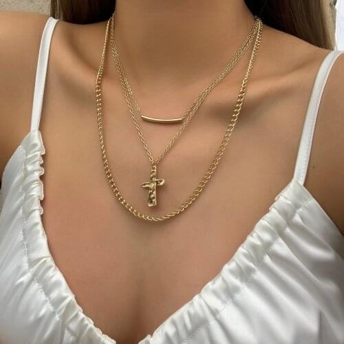 Lifefontier Trendy Cross Pendant Necklace for Women Boho Multilayer Gold Color Long Metal Choker Chain Necklace Party Jewelry
