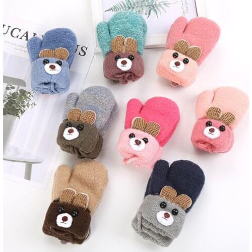 0-3 Y Cute Cartoon Bear Baby Gloves Winter Knitted Wool Infants Mittens Thicke Warm Full Rope Gloves For Boys Girls Toddlers