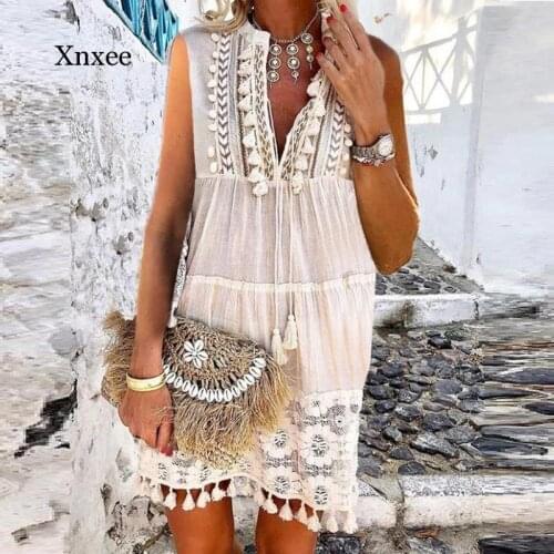 Summer Womens Ethnic Style Printed Off-Shoulder Mini Dress Ladies Fringed Lace Long Sleeve Ladies Beach Short Skirt Women Loose