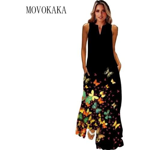 MOVOKAKA Butterfly Print Black Dress Elegant Casual Plus Size Long Dresses Summer Beach Woman Sleeveless Girls Maxi Dress Women