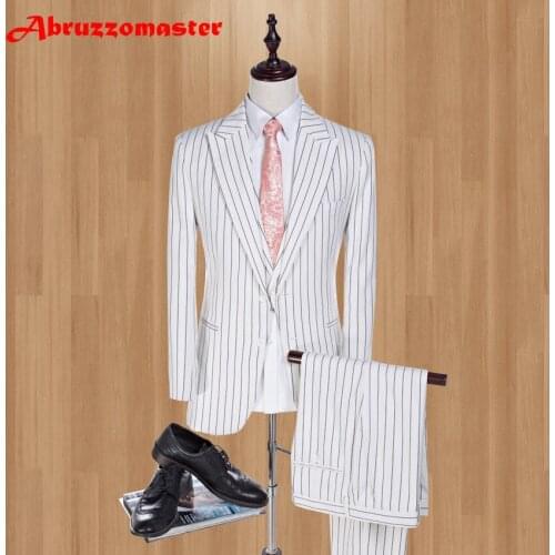 White Striped Men Suits Fashion 2020 Brand Men Slim Fit 3 Pieces Peaked Lapel Wedding Suit Smart Casual Suit (Jacket+Vest+Pant)