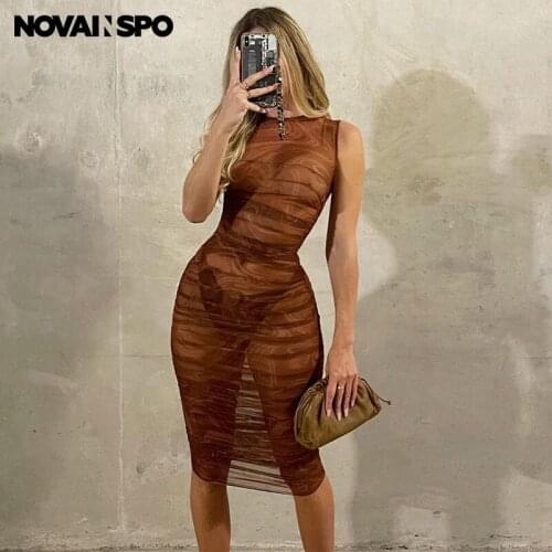 NOVAINSPO Mesh Tie Dye Printing Sleeveless See Through Midi Dresses Stacked O Neck Skinny Sexy Clubwear Rave Outfits Dress Hot