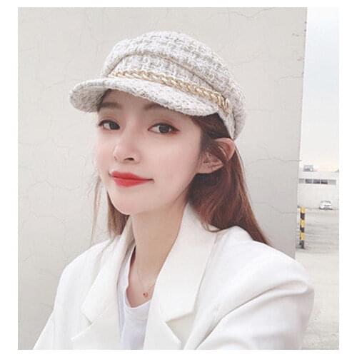 New Luxury Brand Tweed Design Chain Decoration Military Caps Women Black Newsboy Cap Ladies Elegant Octogonal Cap Autumn Winter