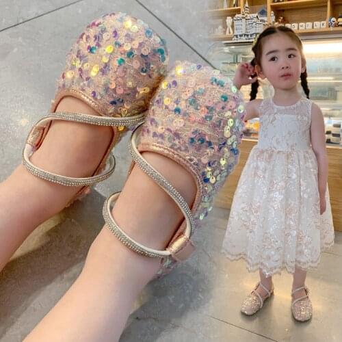 2021 New Girls princess shoes sequins bow soft sole small leather shoes little girls spring and autumn single dancing shoes pink