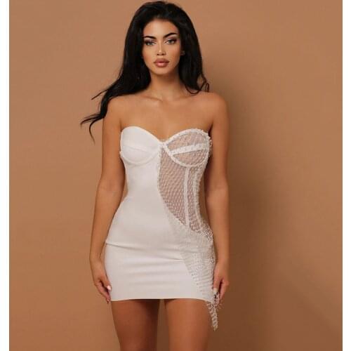 2021 Summer Womens New Mini Sexy Tube Top Fishnet Rhinestone Stitching Halter Bodycon Bandage Dress Vestidos