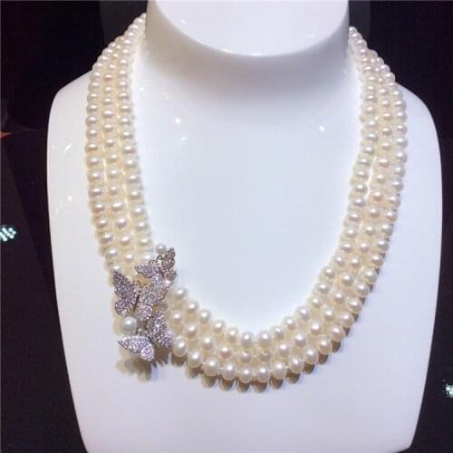 Hand knotted natural 3rows 7-8mm multilayer white freshwater pearl butterfly zircon micro inlay accessories necklace