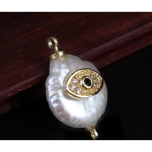 Tiny gold white black cz zircon evil eye protection charm real freshwater pearl connector pendant bead for jewelry