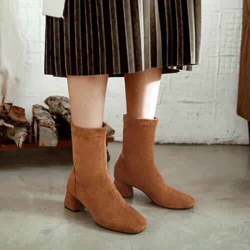 PXELENA Stretch Socks Ankle boots Women Shoes Slip On boots spring Autumn elegant Square Med heels shoes female Plus size 34-43