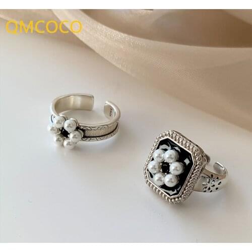 QMCOCO 925 Sterling Silver Ladies Fashion Vintage Rings For Women With Pearl Square Ring Jewelry Wedding Gift