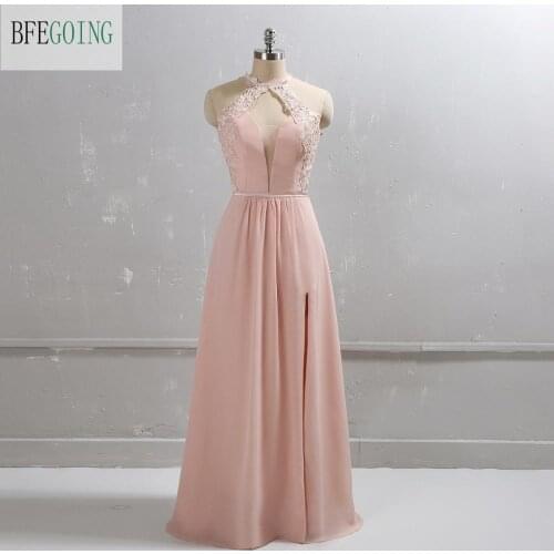 Blush Pink Chiffon Lace Halter Floor-Length Sleeveless Wedding Party A-Line Mother Of The Bride Dresses