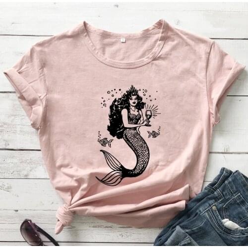 Mermaid Drinking Wine T-shirt Aesthetic Summer Salty Beach Tshirt Vintage Women Hipster Graphic Top Tee Shirt