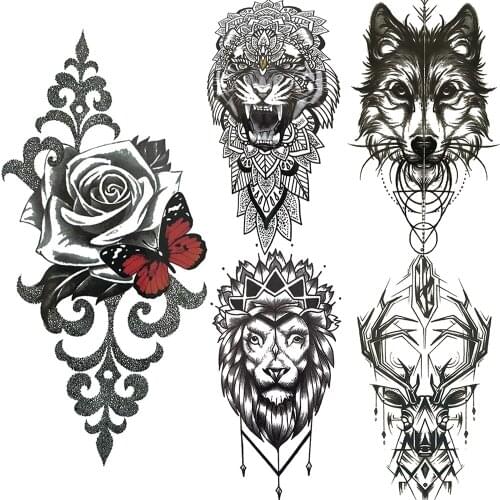 Butterfly Flower Temporary Tattoo For Women Men Black Tiger Henna Tattoos Sticker Body Chest Legs Geometric Lion Wolf Elk Tatoos