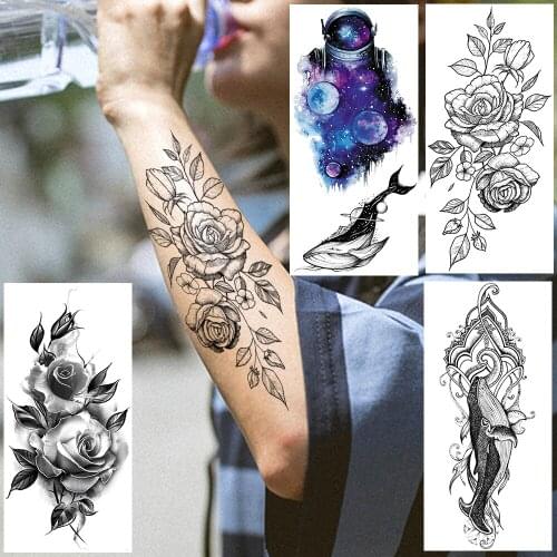 DIY Rose Temporary Tattoos Fake Jewelry Astronaut Whale Tatoos For Women Men Body Art Drawing Arm Tatoos For Show Party Holiday