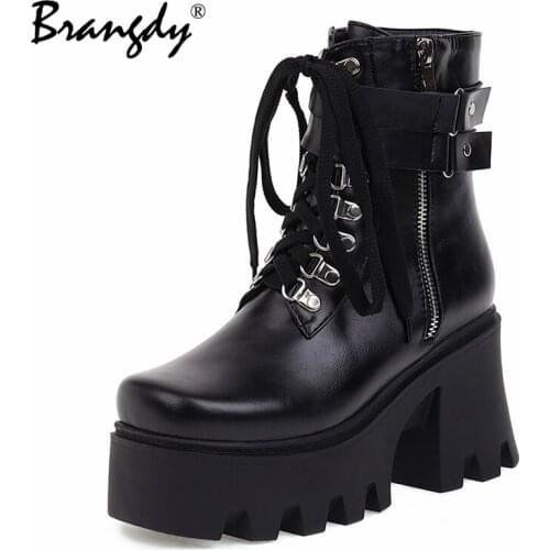 Brangdy Women Martins Boots Chunky Platform Winter Lace Up Martens Ankle Boots Lady Combat Booties Goth Low 10cm High Heels