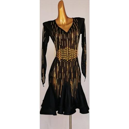 Womens Performance Long Sleeve Tassel Latin Dance Dress Acrylic Costumes Skirt Performing Dresses Rhinestones