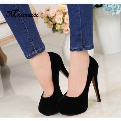 MAIERNISI Super High Heels Shoes Flock Platform Heeled Shoes Pumps Women Night Club Thin Heel Sexy Plus Big Size 14cm High Heels