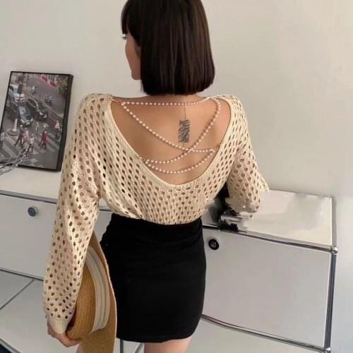 Sexy Backless Pearl Chain Knitwear Tops Autumn Womens Hollow Out Pullover Sweater Long-Sleeved Loose Sunscreen Knitting Shirt