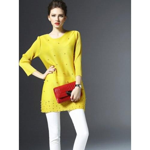 Autumn Summer Women Pleated Mini Dress Simple Fold Loose Large Size Solid Beaded Black Stretch Fabrics Miyak Pleats Dresses