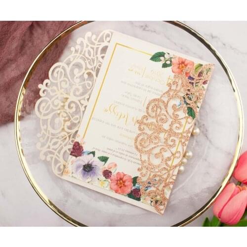 1pcs sample hollow Laser Cut glitter powder paper wedding invitation cards with Embossed Wholesale greeting pocket invite cover
