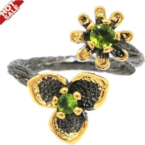 26x18mm HipHop Created Green Peridot White Cubic Zircon For Men Gothic Cool Black Metal Silver Rings Street Fashion Jewelry
