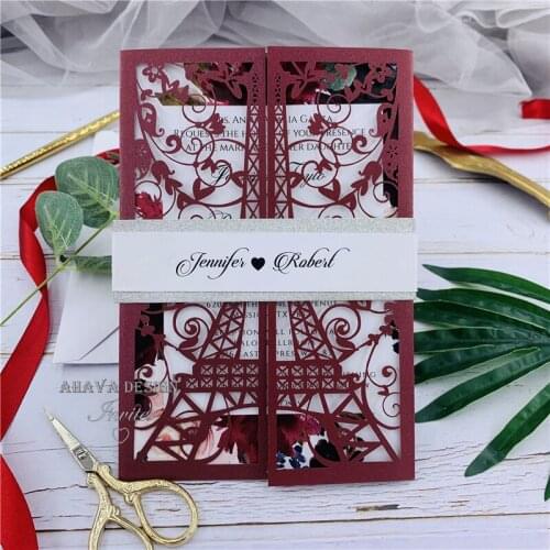 Burgundy Tower Paris Laser Cut Wedding Invitations Quinceanera Invitations Laser Cut Sweet 15 Invites French Theme Card