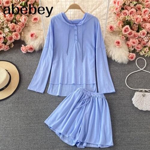 2021 New Summer Fashion hooded collar long sleeve T-Shirt + elastic waist solid color casual wide leg Shorts two piece set