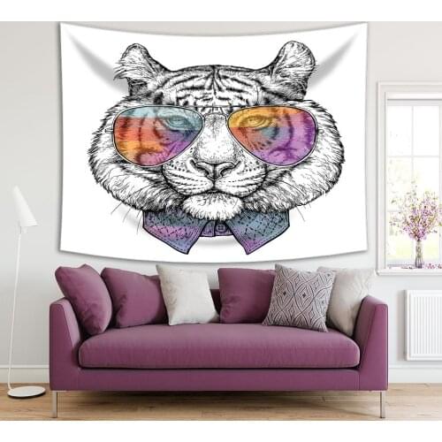 Tapestry Tiger in Sunglasses and Shirt Portrait Cool Stylish Animal Wildlife Fashion Cartoon Printed Purple Yellow Black White