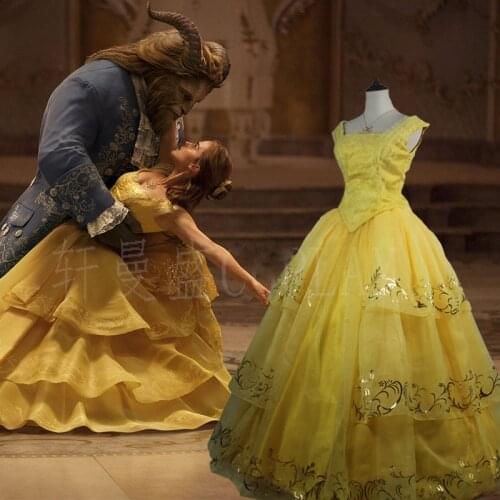 Top Quality New Moive Beauty And The Beast Belle Princess Yellow Cosplay Costume Dress For Adults Women Girls Custom Made
