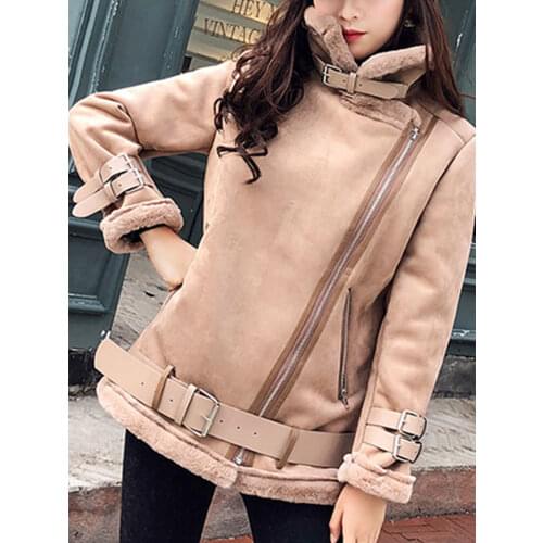 Ailegogo New Autumn Winter Women Faux Suede Leather Short Jacket with Belt Streetwear Moto Biker Female Thick Warm Coat Outwear