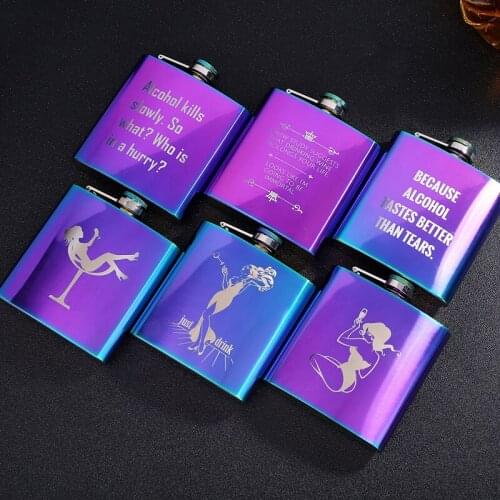 Fashion hip flask 6 oz flat pot bottle vodka bottle magic color stainless steel hip flask bottles English painting girl gift set