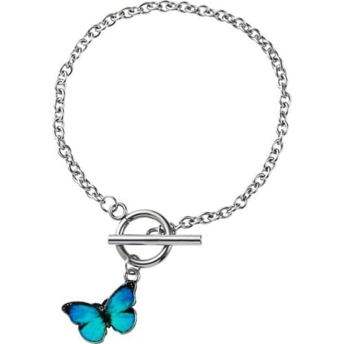 Fashion Women Bracelet Dripping Oil Blue Butterfly Charm Chain Lady Jewelry Korea
