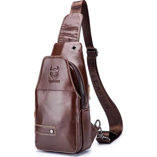 Mens leather shoulder messenger top layer cowhide casual sports fashion Korean style trendy chest mens bag