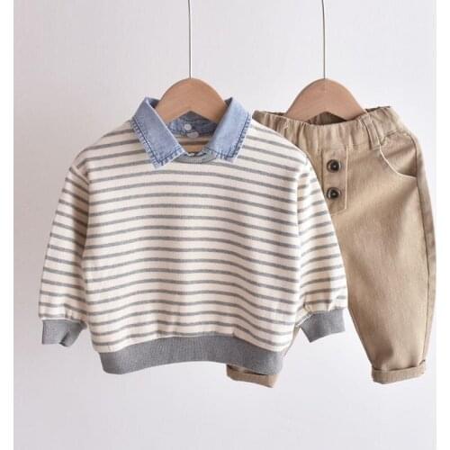 2021 Autumn New Design 2 3 4 5 6 Years Children Turn-down Collar Denim Patchwork Sweatshirt for Kids Baby Boy Striped T Shirt