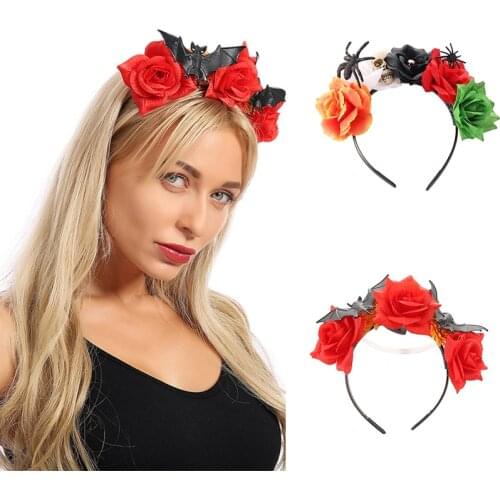 DUOJIAOYAN New womens Halloween flower headband accessories big rose flower skull spider bat hair accessory hairband
