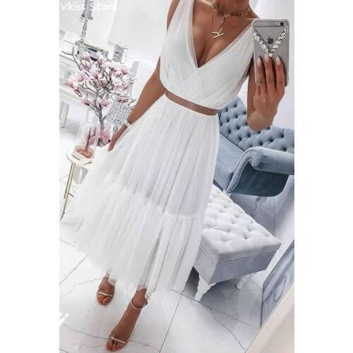 Simple Evening Dresses A-line Two Pieces New Deep V-neck Sleeveless White Tea-length Sleeveless Prom Dress коктейльные платья