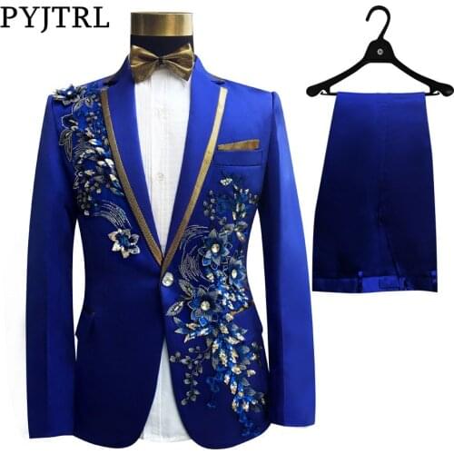 PYJTRL Three-Piece Set Suits Mens Singers Perform Stage Show Sequins Embroidered Flower Red Blue Pink Wedding Suit Costume Homme