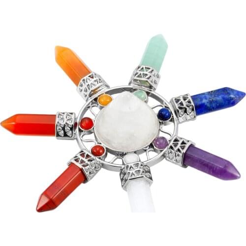 Crystal Point Pyramid Energy Generator with 7 Chakra Stone Hexagonal Prisms Direction for Healing Balancing Reiki, Amethyst Cone