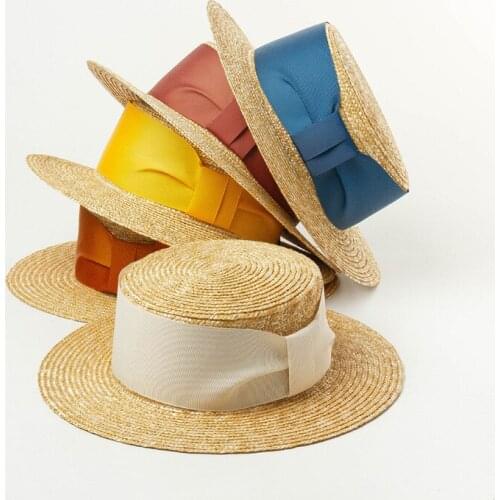 Elegant 7cm Brim Beach Boater Hat Summer Wheat Straw Hat For Women Straw Sun Hat Flat Derby With Sun Protection Colored Ribbon