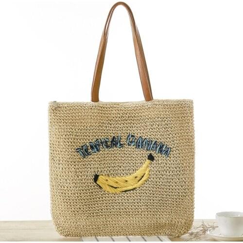 Embroidered Letter Banana Shoulder Straw Woven Bag Summer Leisure Beach Bag Holiday Women Tote Sling Bag