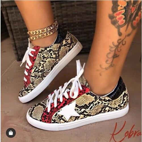 Women Snake Printing PU Leather Vulcanized Shoes Lace up Female Sneakers Fashion 2019 Platform Woman Shoes Walking Footwear 357
