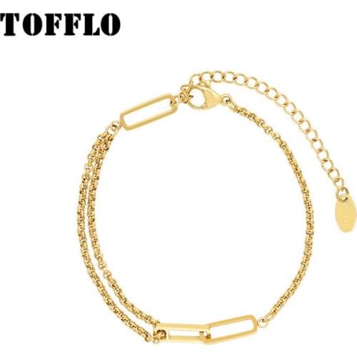 TOFFLO Stainless Steel Jewelry Geometric Hollowed Out Rectangular Double Layer Chain Bracelet Womens Fashion Bracelet BSE179
