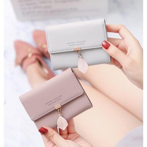 Women PU Leather Leaf Pendant Short Wallet Fashion Cute Mini Coin Purse Female Candy Color Credit Card Holder Money Bag Clutch