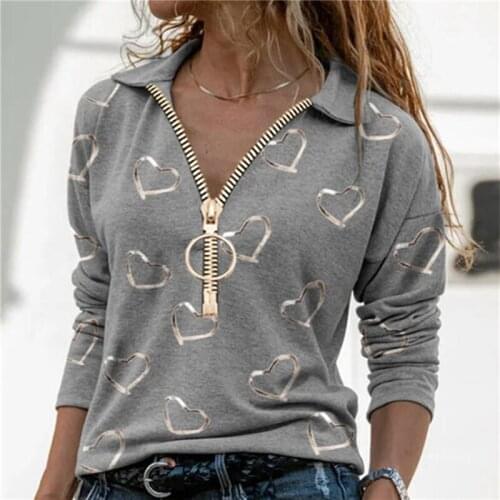 V-Neck Pullover Tops Elegant Heart Print Zipper T-shirt Women Autumn Casual Long Sleeve Top Lady Shirt Street Plus-Size Tee