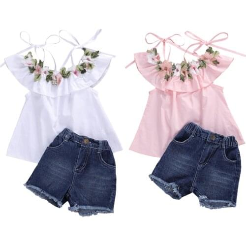 2 Pcs Baby Summer Outfit Girls Adjustable Spaghetti Strap Ruffled Collar Embroidery Top and Frayed Raw Hem Denim Shorts Set
