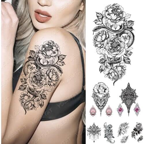 Flower Rose Peony Lace Skull Flash Tattoos Waterproof Temporary Tattoo Sticker Snake Leaf Body Art Arm Fake Tatoo Women Men