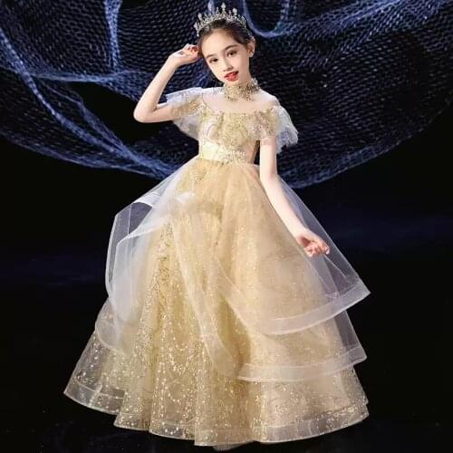 Flower Girl Dresses Illusion Crystal Sequined Beading High Princess Floor-Length Tulle Lace Luxury Champagne Kid Party Gown H514