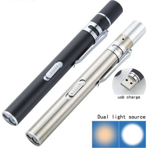 Dual Light Source Mini LED Pen Medical Flashlight Stainless Steel USB Built-in Rechargeable Flash light Gift Supplies