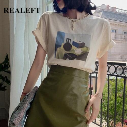 REALEFT Summer Cotton Women T-Shirts Print Painting Bottoming O-Neck Casual Minimalism Short Sleeve Female Shirts Tops 2021 New