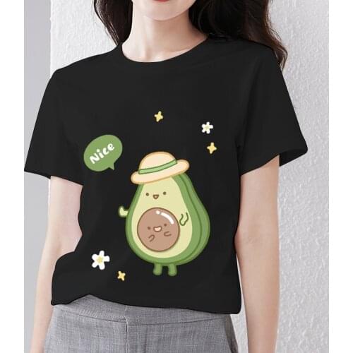 T-shirt Small Fresh Womens T-shirt Cartoon Cute Avocado Print Sweet Short-sleeved Soft Slim Fit O-neck Black Dirt-resistant Top