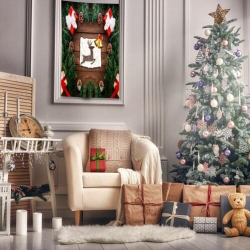 Tapestry Christmas Gifts Fir Tree Branches Pine Cones Bells And Sketch Of Reindeer On A Wooden Table Green Red Brown